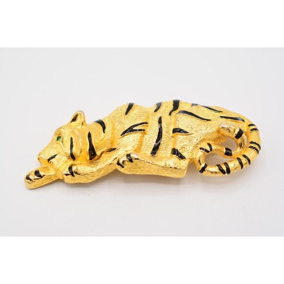 Vintage Tiger Belt Buckle Chunky Brushed Gold Green Rhinestone Crystal 1980s main image 12